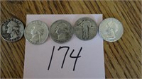 5 Silver quarters 53,2-64,1-67 1 liberty