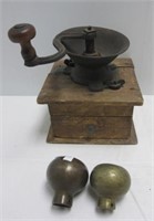Antique coffee grinder and (2) brass ends.