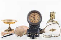 Opera Glasses, Brass Items, and a Clock