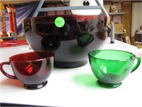 Vintage Red Punch Bowl with 11 Red & Green Cups