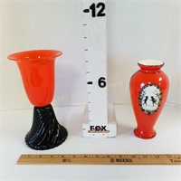 Orange Black Glass Vase & Czech Porcelain Vase