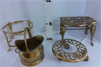 (3) Brass Plant Stands & (1) Kettle