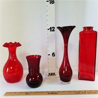 (4) Red Glass Vases
