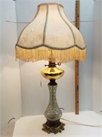 Glass Floral Base Lamp w/Fringed Shade