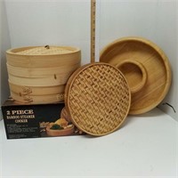 (2) Bamboo Steamers & Wooden Chip/Dip Bowl