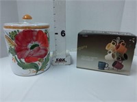 Glass Painted  Kitchen Canister & Mug Tree w/Cups