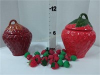 (2) Strawberry Cookie Jars & Fabric Strawberries