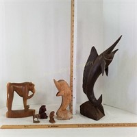 (6) Carved Wood Monkey-Dolphin-Marlin