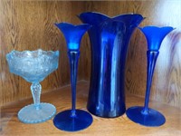 Blue Glass Vase, Blue Glass Candlesticks, ana