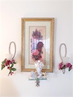 Framed Floral Art, Matching Small Shelf and Wall