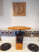 Wood Wall Clock 9", Rolling Pin, and Knives in