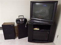 Toshiba TV (older and heavy), TV Stand, Speakers,