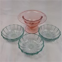 Depression glass pink bowl and 3 clear bowls