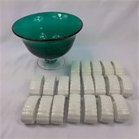 Green glass pedestal bowl and napkin holders