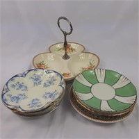 Sectioned serving dish plus 11 orphan saucers