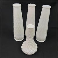 Four milk glass diamond quilt vases