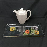 Poole teapot and large clear glass serving dish