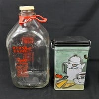 Byrne Dairy glass milk jug and metal tin