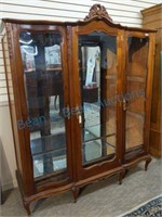 French walnut china cabinet curved glass doors