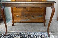 French walnut library table wicker and glass top