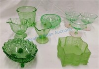 grouping of greeen depression glass