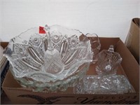 Clear glass lot, 2 bowls,bell, covered butter