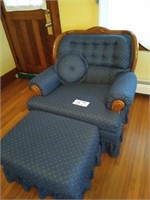 Blue print overstuffed chair and footstool