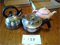Hall pink teapot and  two metal tea kettles