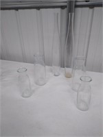 4 Glass Milk Bottles & 2 Tall Vases-30" tall