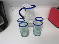 Blue Rim Glass Pitcher & Glasses Set