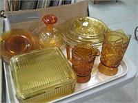 tray of amber glass, fridge dish, nesting bowls