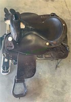 Circle brand leather horse saddle, with a tag