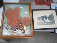 framed shell art & hand tint photo