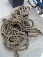 wood pulley hoist w/old rope   wood pulleys
