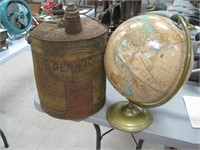 world globe and a Pennzoil can