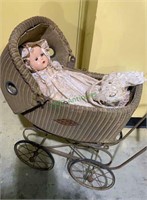 Antique wicker baby buggy carriage, pram with