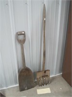 wooden shovel and wood pitch fork