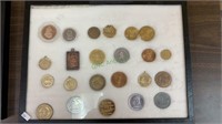 Display box with 23 coins & medallions