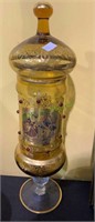 Vintage gold gilded amber glass covered jar, with