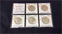 Coins, five Kennedy silver halves, uncirculated,