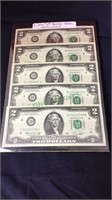 Currency, five 1976 two dollar reserve notes,