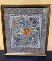 Framed antique Chinese silk material, orange and