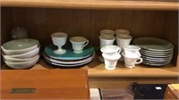 Shelf lot, ceramic bowls, plates, milk glass tea