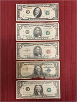 5 United States bills 2 ones,1five,1 ten.