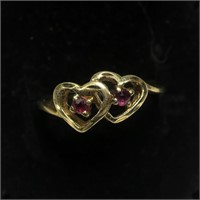 10K Yellow gold double heart ruby ring, size 5.5