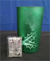 Box Frost Green Glass Cylinder w/Etched Motif