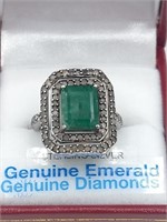 Sterling Silver Emerald & Diamond Ring Sz 7.25