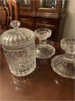 Covered Crystal Candy Jar and 2 candle holders