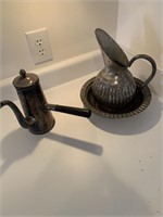 Metal serving items.  Coffe pot, bowl & pitcher