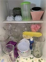 Cabinet full miscellaneous glassware and plastic